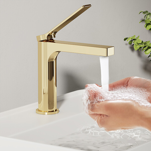 EMKE - EMKE Mitigeur de lavabo design or champagne – Robinet salle de bain avec cartouche céramique en laiton, 19,5 × 17,3 cm, mousseur démontable - large