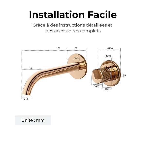 EMKE - EMKE Mitigeur Lavabo Mural Design Séparé 281×140×65 mm, Robinet Or Rose en Laiton & Inox 304, Cartouche Céramique Longue Durée - large