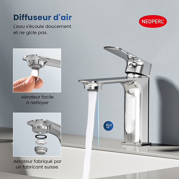 EMKE - EMKE Mitigeur Lavabo Salle de Bain, 166 × 152 × 45 mm, Robinet en Laiton, Cartouche Céramique Haute Durabilité, Surface Chromée - large