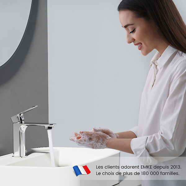 EMKE - EMKE Mitigeur Lavabo Salle de Bain, 166 × 152 × 45 mm, Robinet en Laiton, Cartouche Céramique Haute Durabilité, Surface Chromée - large