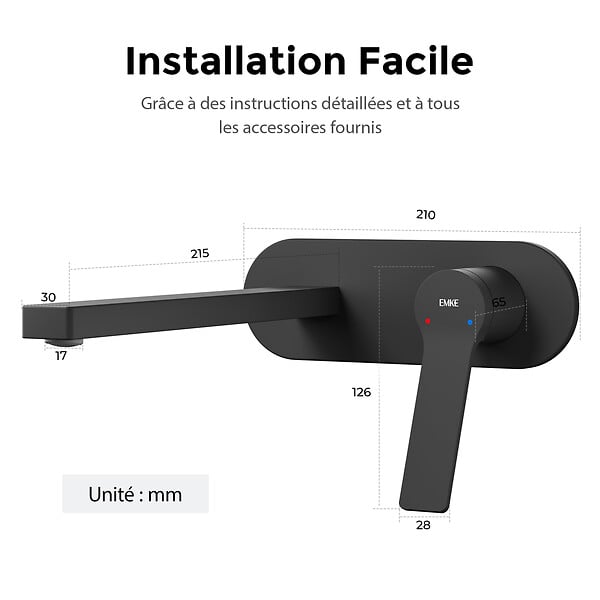 EMKE - EMKE Mitigeur Lavabo Design Séparé, Robinet Mural Noir Mat 288×210×70 mm, Corps en Laiton et Inox 304, Cartouche Céramique Haute Durabilité - large