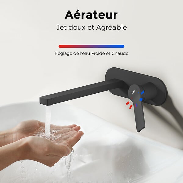 EMKE - EMKE Mitigeur Lavabo Design Séparé, Robinet Mural Noir Mat 288×210×70 mm, Corps en Laiton et Inox 304, Cartouche Céramique Haute Durabilité - large