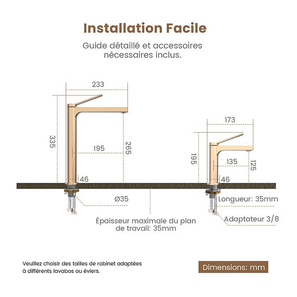 EMKE - EMKE Mitigeur pour Lavabo et Cuisine 335×233×46 mm, Robinet Or Rosé en Laiton & Inox 304, Cartouche Céramique, Aérateur Économiseur d’Eau - large