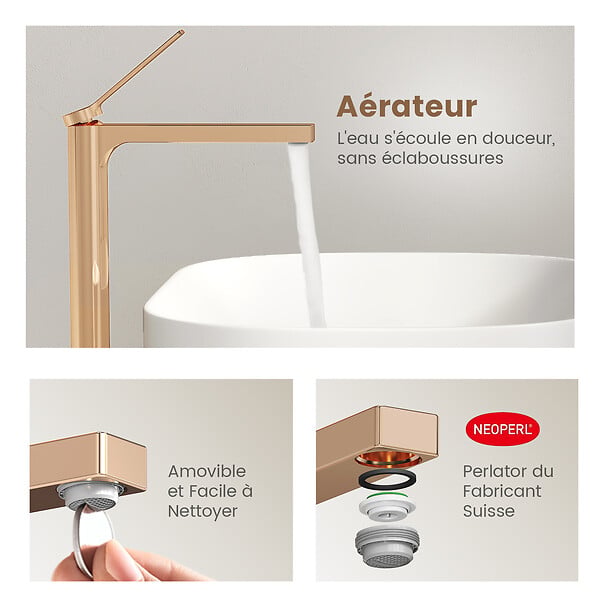 EMKE - EMKE Mitigeur pour Lavabo et Cuisine 335×233×46 mm, Robinet Or Rosé en Laiton & Inox 304, Cartouche Céramique, Aérateur Économiseur d’Eau - large