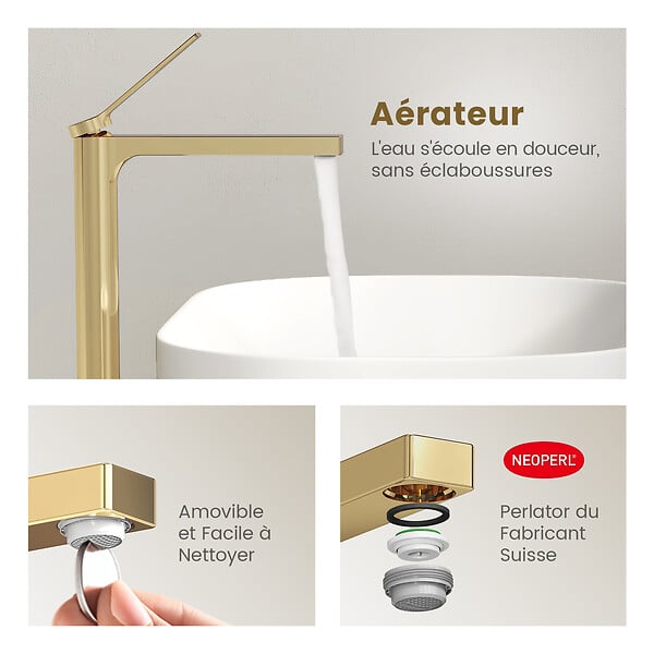 EMKE - EMKE Mitigeur pour Lavabo et Cuisine 335×233×46 mm, Robinet Or Champagne en Laiton & Inox 304, Cartouche Céramique, Aérateur Économiseur d’Eau - large