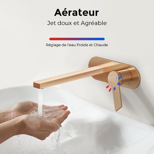 EMKE - EMKE Mitigeur Lavabo Design Séparé, Robinet Mural Or Rose 288×210×70 mm, Corps en Laiton et Inox 304, Cartouche Céramique Haute Durabilité - large
