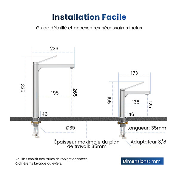 EMKE - EMKE Mitigeur pour Lavabo et Cuisine 335×233×46 mm, Robinet Chromé en Laiton & Inox 304, Cartouche Céramique, Aérateur Économiseur d’Eau - large