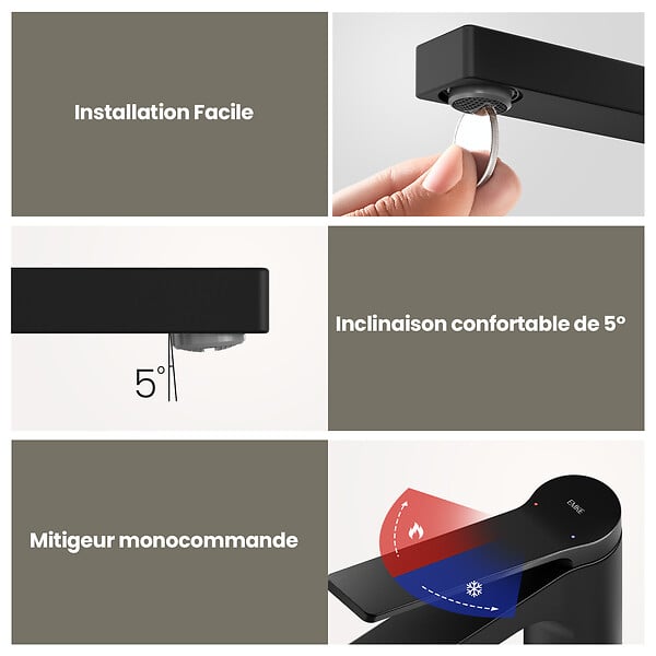 EMKE - EMKE Mitigeur pour Lavabo et Cuisine 335×233×46 mm, Robinet Noir Mat en Laiton & Inox 304, Cartouche Céramique, Aérateur Économiseur d’Eau - large