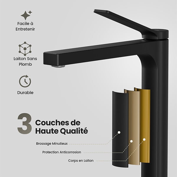 EMKE - EMKE Mitigeur pour Lavabo et Cuisine 335×233×46 mm, Robinet Noir Mat en Laiton & Inox 304, Cartouche Céramique, Aérateur Économiseur d’Eau - large