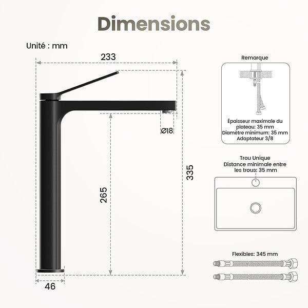 EMKE - EMKE Mitigeur pour Lavabo et Cuisine 335×233×46 mm, Robinet Noir Mat en Laiton & Inox 304, Cartouche Céramique, Aérateur Économiseur d’Eau - large