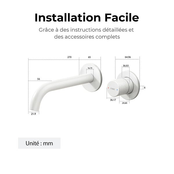 EMKE - EMKE Mitigeur Lavabo Mural Design Séparé 281×140×65 mm, Robinet Blanc Mat en Laiton & Inox 304, Cartouche Céramique Longue Durée - large
