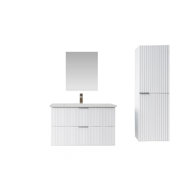 AURLANE - Pack Meuble salle de bain 60cm et Colonne de rangement - Façades Blanches Ondulées - MILO - large