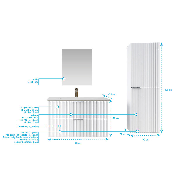 AURLANE - Pack Meuble salle de bain 60cm et Colonne de rangement - Façades Blanches Ondulées - MILO - large