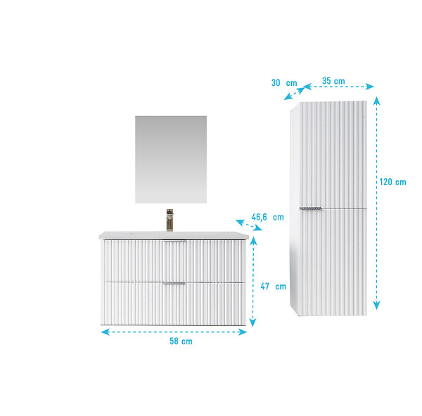 AURLANE - Pack Meuble salle de bain 60cm et Colonne de rangement - Façades Blanches Ondulées - MILO - large