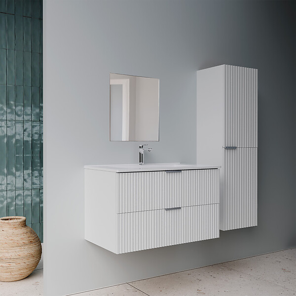 AURLANE - Pack Meuble salle de bain 60cm et Colonne de rangement - Façades Blanches Ondulées - MILO - large