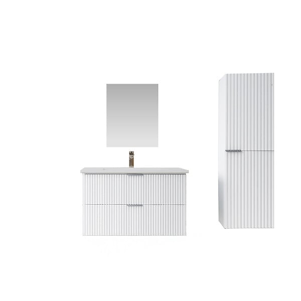 AURLANE - Pack Meuble salle de bain 80cm et Colonne de rangement - Façades Blanches Ondulées - MILO - large