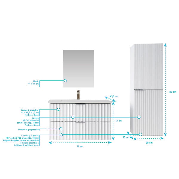 AURLANE - Pack Meuble salle de bain 80cm et Colonne de rangement - Façades Blanches Ondulées - MILO - large