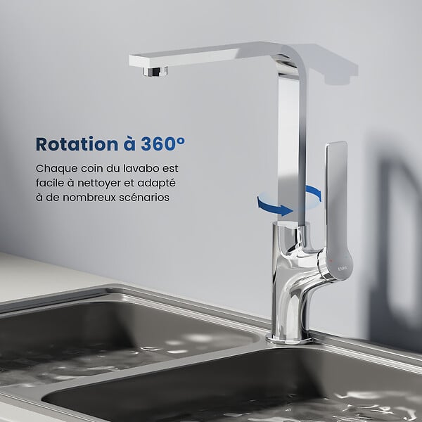 EMKE - EMKE Mitigeur de Cuisine Chromé, Robinet Monocommande Rotatif 360°, 30,3 × 22,5 cm, Design Fin en Acier Inoxydable - large