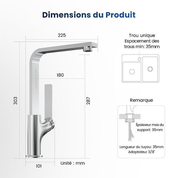 EMKE - EMKE Mitigeur de Cuisine Chromé, Robinet Monocommande Rotatif 360°, 30,3 × 22,5 cm, Design Fin en Acier Inoxydable - large