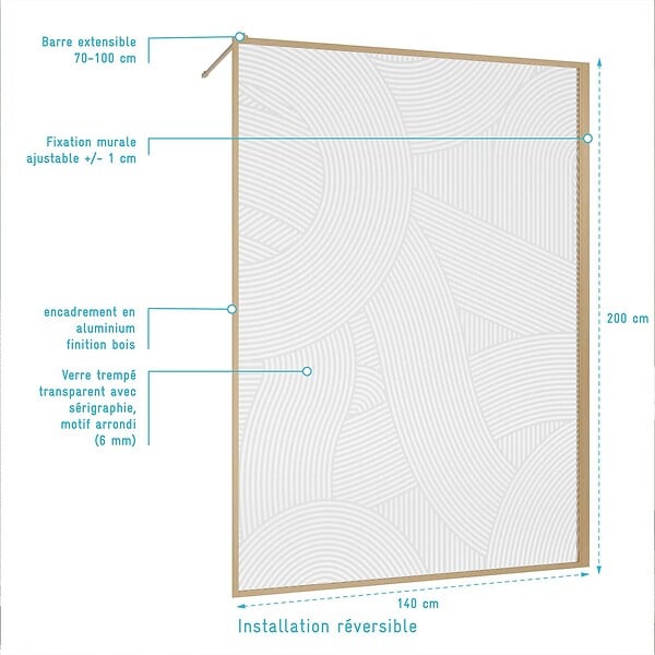 AURLANE - Paroi de douche 140 x 200 HINATA - style Japandi courbes douces - Cadre effet Bois - Verre 6mm - large