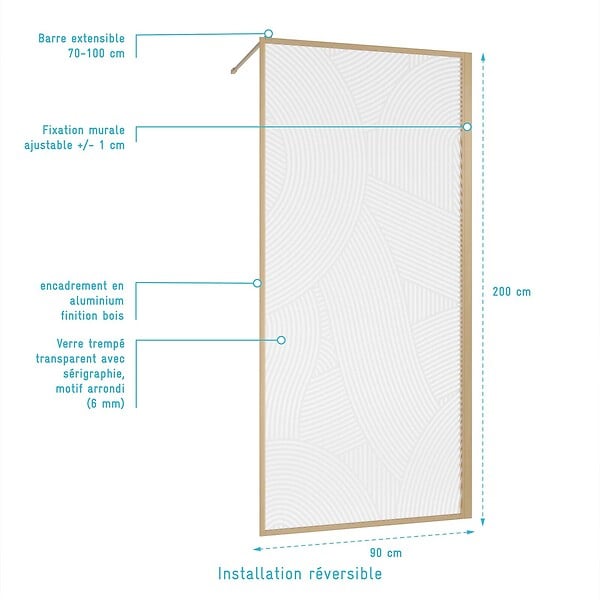 AURLANE - Paroi de douche 90 x 200 HINATA - style Japandi courbes douces - Cadre effet Bois - Verre 6mm - large