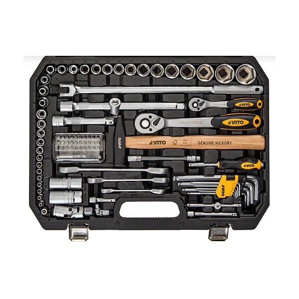 VITO - Malette à outils 112 pièces Lampe torche, Tournevis, Douilles, clés, pinces et embouts Coffret à outils BMC VITO - large