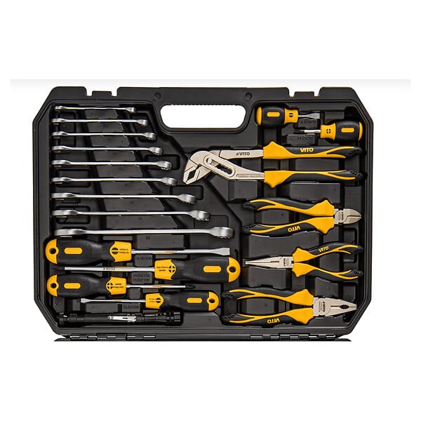 VITO - Malette à outils 112 pièces Lampe torche, Tournevis, Douilles, clés, pinces et embouts Coffret à outils BMC VITO - large