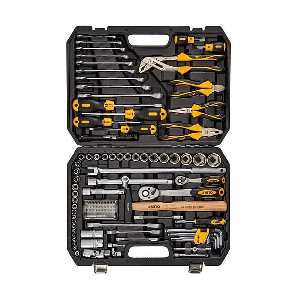 VITO - Malette à outils 112 pièces Lampe torche, Tournevis, Douilles, clés, pinces et embouts Coffret à outils BMC VITO - large
