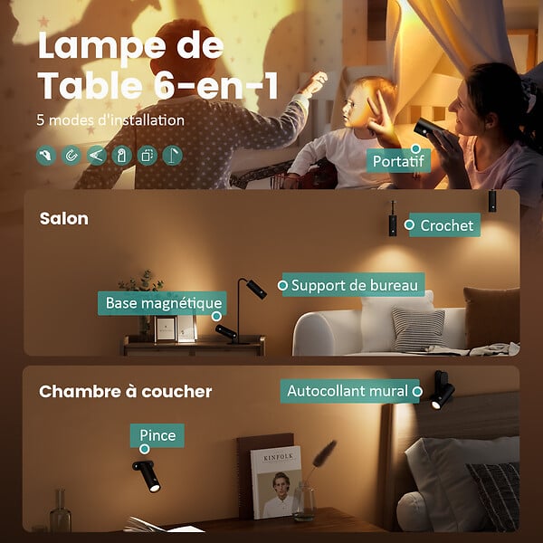 EMKE - EMKE Lampe de table LED magnétique sans fil 5 en 1, Dimmable, Rechargeable, Commande Tactile, 3 modes de couleur, USB-C, Blanc - large