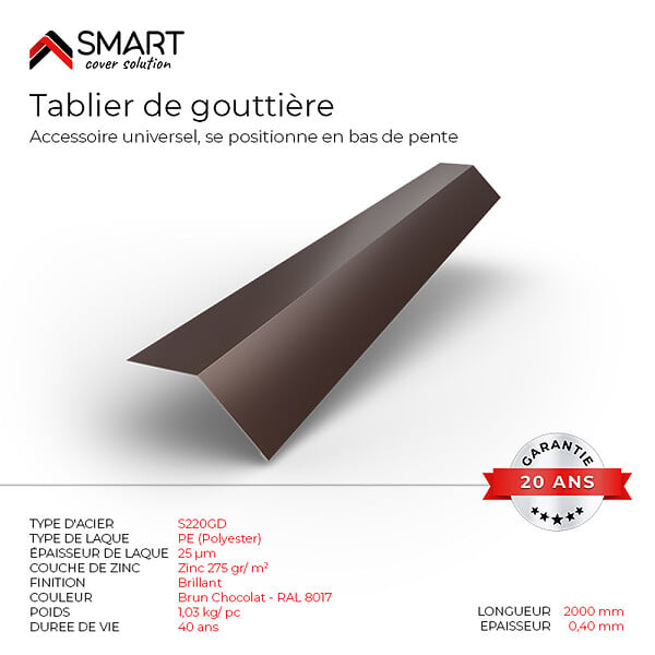 BRAVO THE SMART SOLUTION - Tablier de gouttière - bac acier - tôle de couverture - Toiture -  H12 Brun Chocolat RAL 8017 L=2m - large