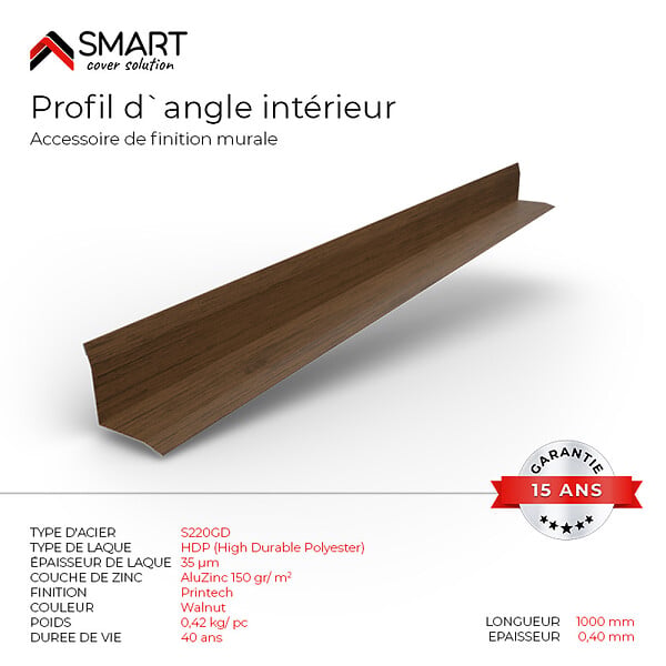 BRAVO THE SMART SOLUTION - Profil d`angle intérieur Tôle bac acier - Toiture - Couverture - plaque H12 Coloris Walnut Printech L=2m - large