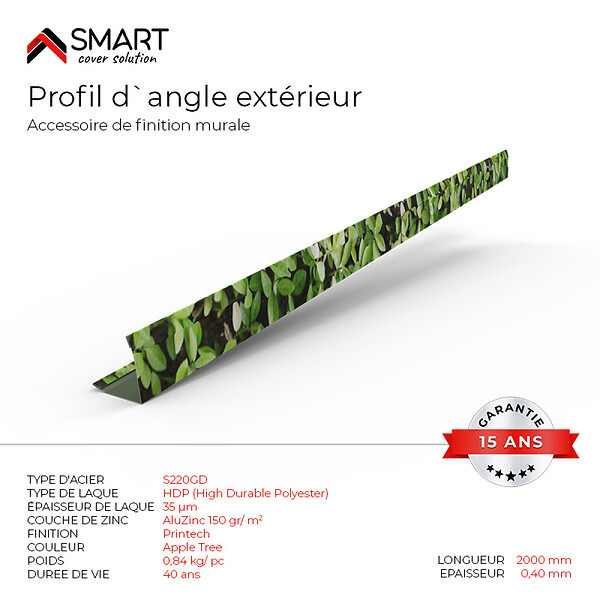 BRAVO THE SMART SOLUTION - Profil d`angle extérieur Tôle bac acier - Toiture - Couverture - plaque H12 Coloris Apple Tree Printech L=2m - large