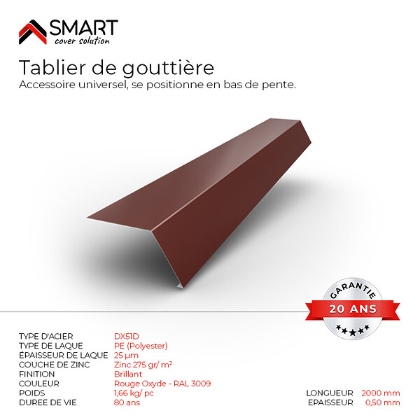 BRAVO THE SMART SOLUTION - Tablier de gouttière - bac acier - tôle de couverture - Toiture -  TR25 Coloris  Rouge Oxyde RAL 3009 L=2m, épaisseur 0.50mm - large