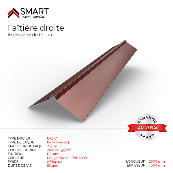 BRAVO THE SMART SOLUTION - Faîtière droite - bac acier - tôle de couverture - Toiture -  TR25 Coloris Rouge Oxyde RAL 3009 L=2m, épaisseur 0.50mm - large