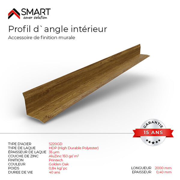 BRAVO THE SMART SOLUTION - Profil d`angle intérieur Tôle bac acier - Toiture - Couverture - plaque H12 Coloris Golden Oak Printech L=2m - large