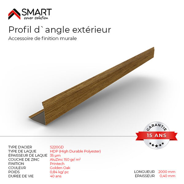 BRAVO THE SMART SOLUTION - Profil d`angle extérieur Tôle bac acier - Toiture - Couverture - plaque H12 Coloris Golden Oak Printech L=2m - large