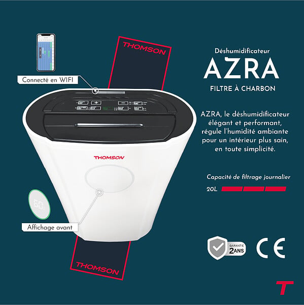 BESTHERM - Déshumidificateur d'air 20L/ jour - THOMSON - AZRA - Connecté WiFi - Fonction purificateur d'air - Filtre à charbon anti-odeurs - large