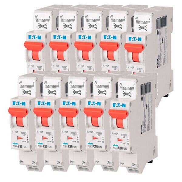 EATON CAPRI - EATON Lot de 10 disjoncteurs auto 10A Ph+N, borne à ressort, 4,5kA, courbe C, 230V, courbe C - large