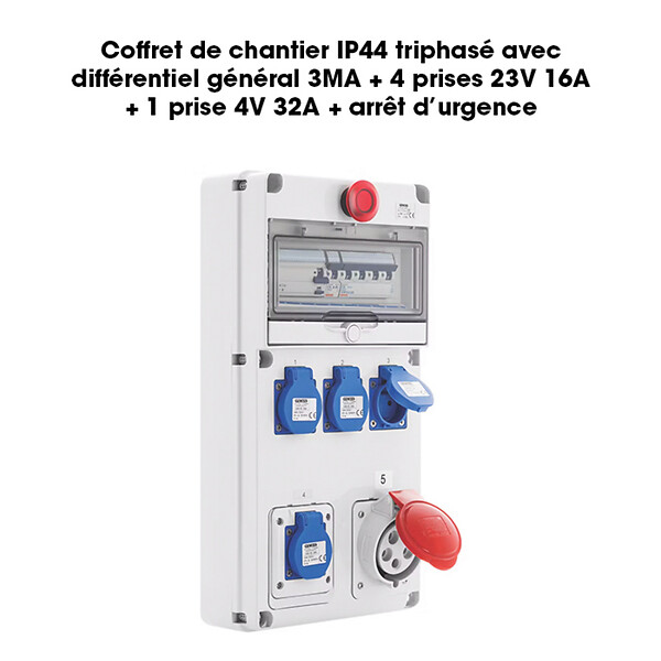 BATILEC - GEWISS Coffret de chantier triphasé IP44 avec différentiel 3MA et prises multiples - large