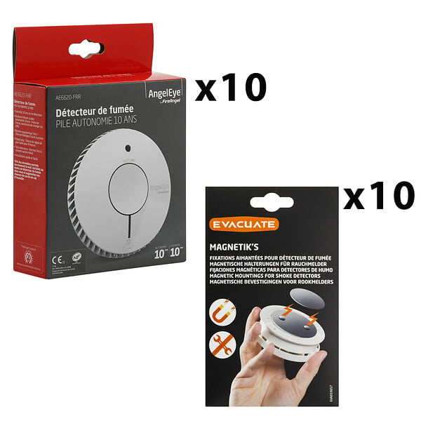 ANGELEYE - Lot de 10 détecteurs de fumée NF autonomie et garantie 10 ans + 10 supports aimantés-AngelEye - large