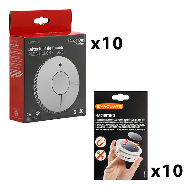 ANGELEYE - AngelEye Lot de 10 détecteurs de fumée NF autonomie 5 ans + 10 supports aimantés Magnetiks - large
