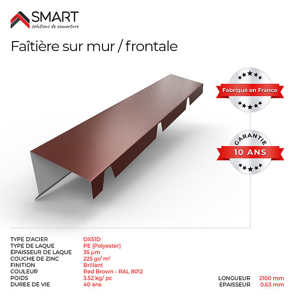 BRAVO THE SMART SOLUTION - Faitière sur mur crantée TR45 - bac acier - tôle de couverture - Toiture -  Coloris Brun Rouge Terracotta RAL 8012 L=2.10m, épaisseur 0.63mm - large