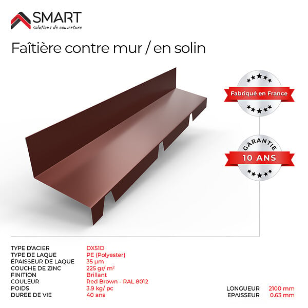 BRAVO THE SMART SOLUTION - Faitière en solin TR45 - bac acier - tôle de couverture - Toiture -  Coloris Brun Rouge Terracotta RAL 8012 L=2.10m, épaisseur 0.63mm - large