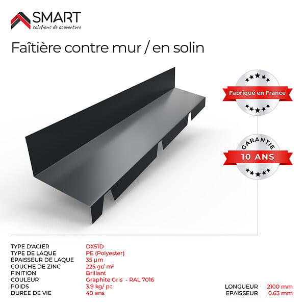 BRAVO THE SMART SOLUTION - Faitière en solin TR45 - bac acier - tôle de couverture - Toiture -  Coloris Gris Anthracite RAL 7016 L=2.10m, épaisseur 0.63mm - large