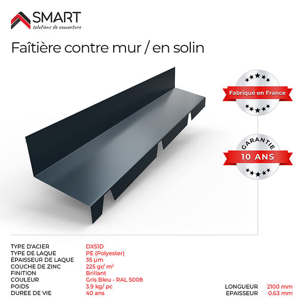 BRAVO THE SMART SOLUTION - Faitière en solin TR45 - bac acier - tôle de couverture - Toiture -  Coloris Gris Bleu RAL 5008 L=2.10m, épaisseur 0.63mm - large
