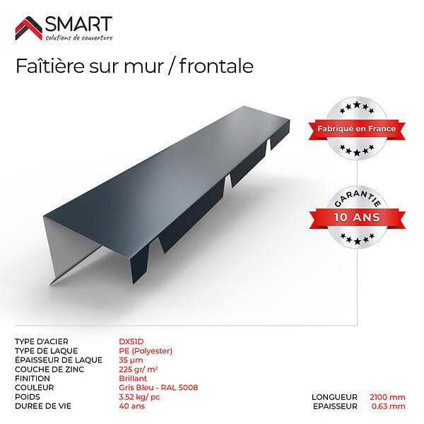 BRAVO THE SMART SOLUTION - Faitière sur mur crantée TR45 - bac acier - tôle de couverture - Toiture -  Coloris Gris Bleu RAL 5008 L=2.10m, épaisseur 0.63mm - large