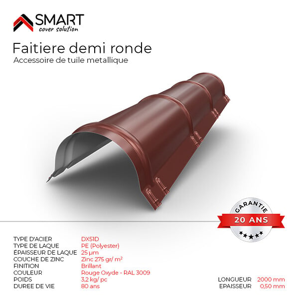 BRAVO THE SMART SOLUTION - Faîtière demi ronde - bac acier - tôle de couverture - Toiture - CLASSIC Coloris Rouge Oxyde RAL 3009 L=2m, épaisseur 0.50mm - large