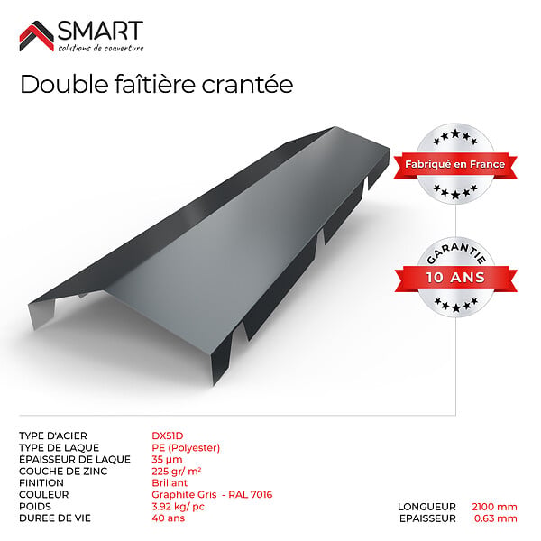 BRAVO THE SMART SOLUTION - Faitière double crantée TR45 - bac acier - tôle de couverture - Toiture -  Coloris Gris Anthracite RAL 7016 L=2.10m, épaisseur 0.63mm - large