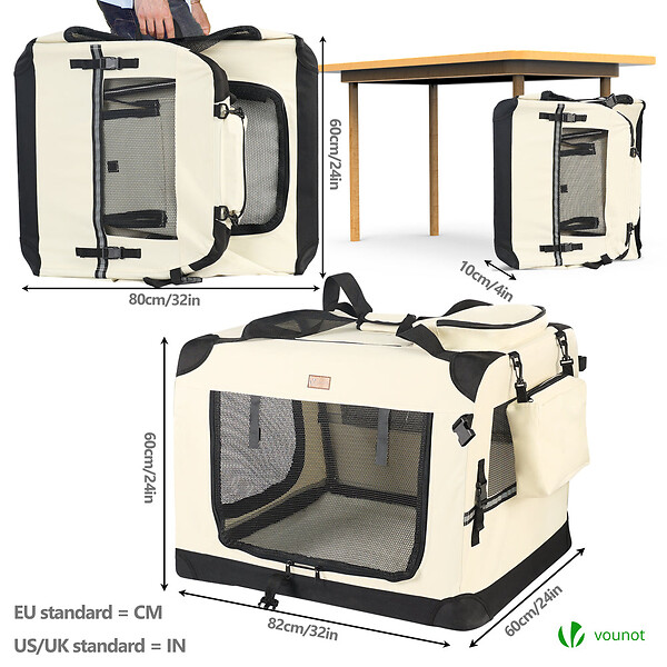 VOUNOT - Sac transport pliable chien chat caisse cage portable 82x60x60cm beige - large