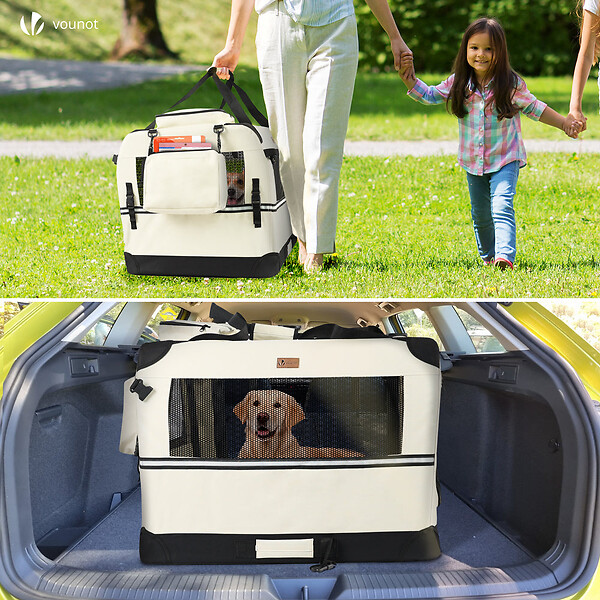 VOUNOT - Sac transport pliable chien chat caisse cage portable 82x60x60cm beige - large